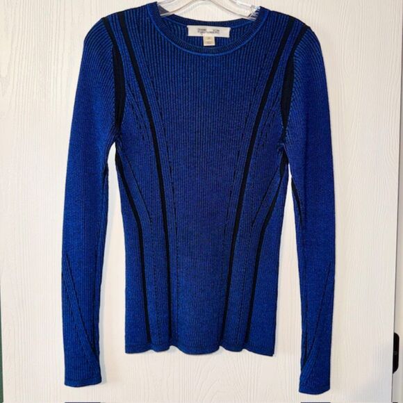 Diane von Furstenberg Blue Ribbed Knit Merino Wool Silk Blend Sweater Medium - Picture 1 of 4